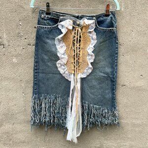 Unique Lace-Up and Lacy Denim Skirt